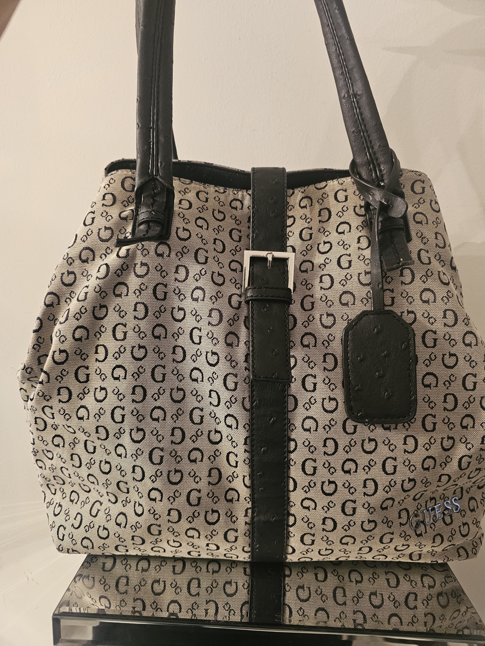 Vintage Y2K Guess Beige Canvas Monogram Tote with Black Leather Trim